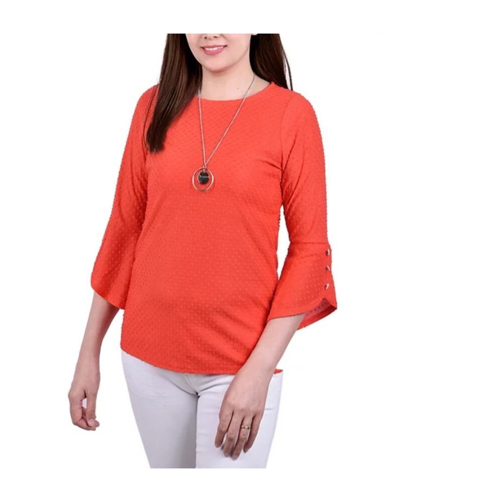 NY Collection Women's 3/4 Tulip Sleeve Top with Necklace Petite Size PXL